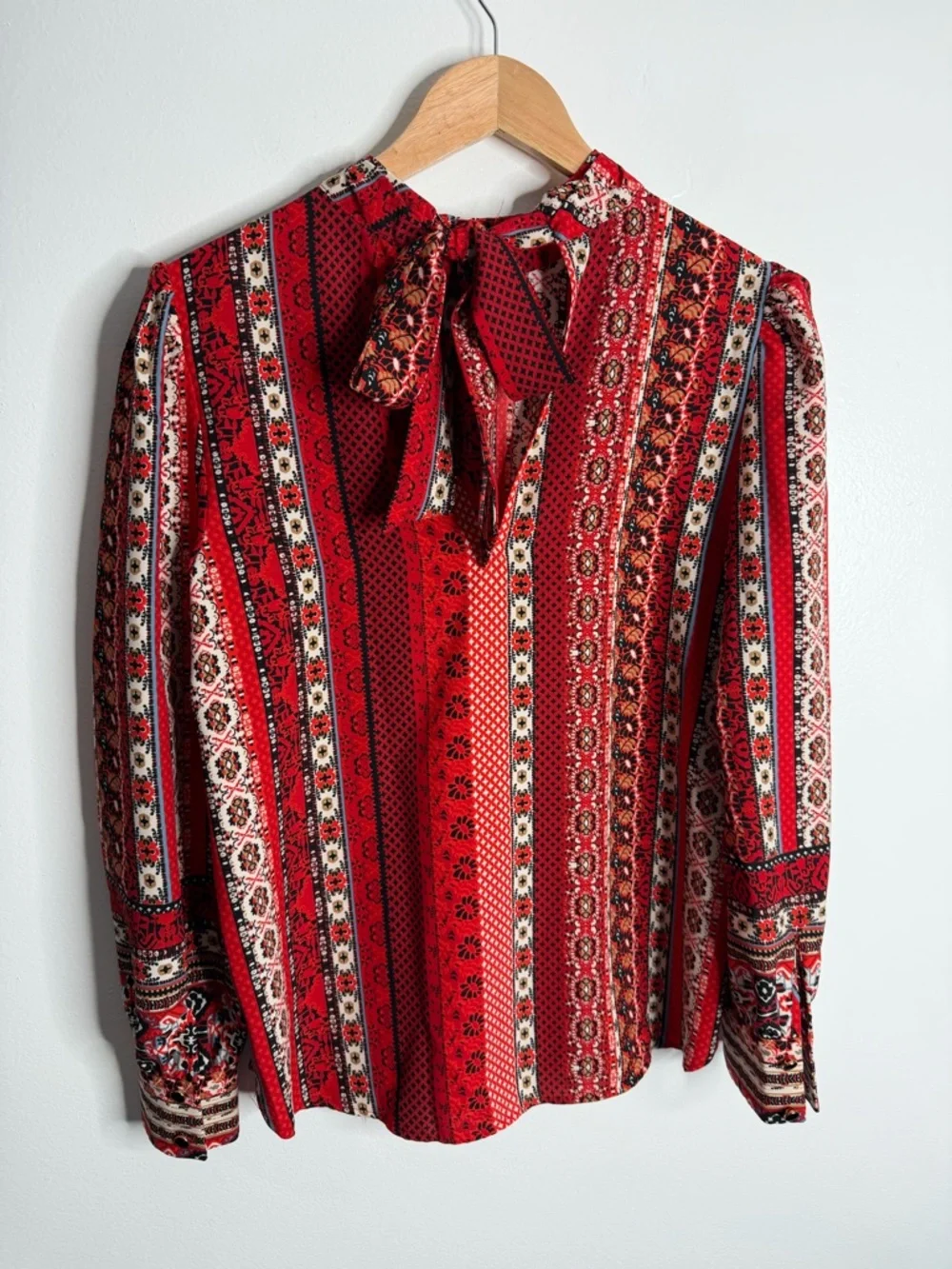 LOFT Red Multi-Pattern Long Sleeve Mock Neck Blouse